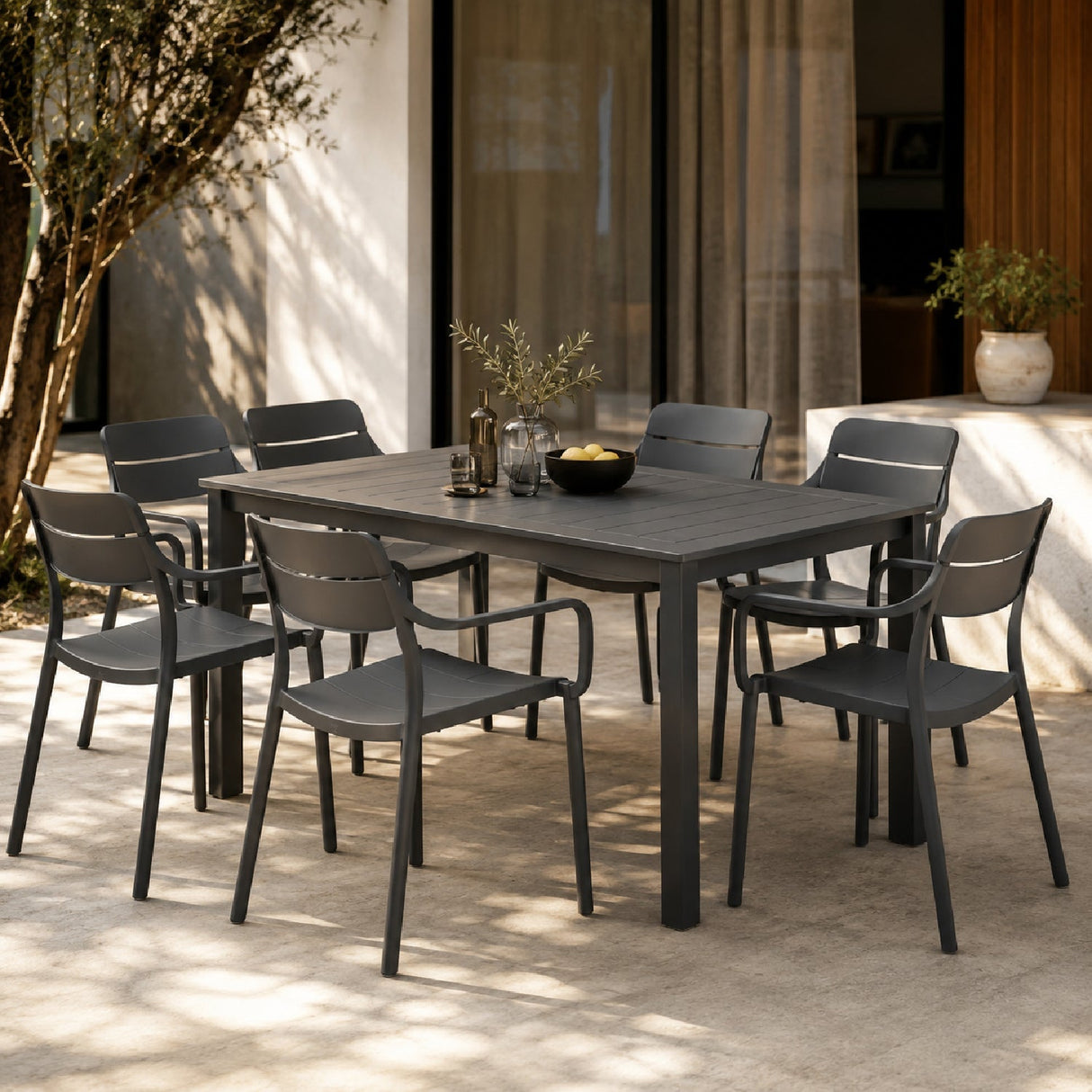 Regenerated Fiberglass Outdoor Dining Armchair – Cassia – outdoor side profile