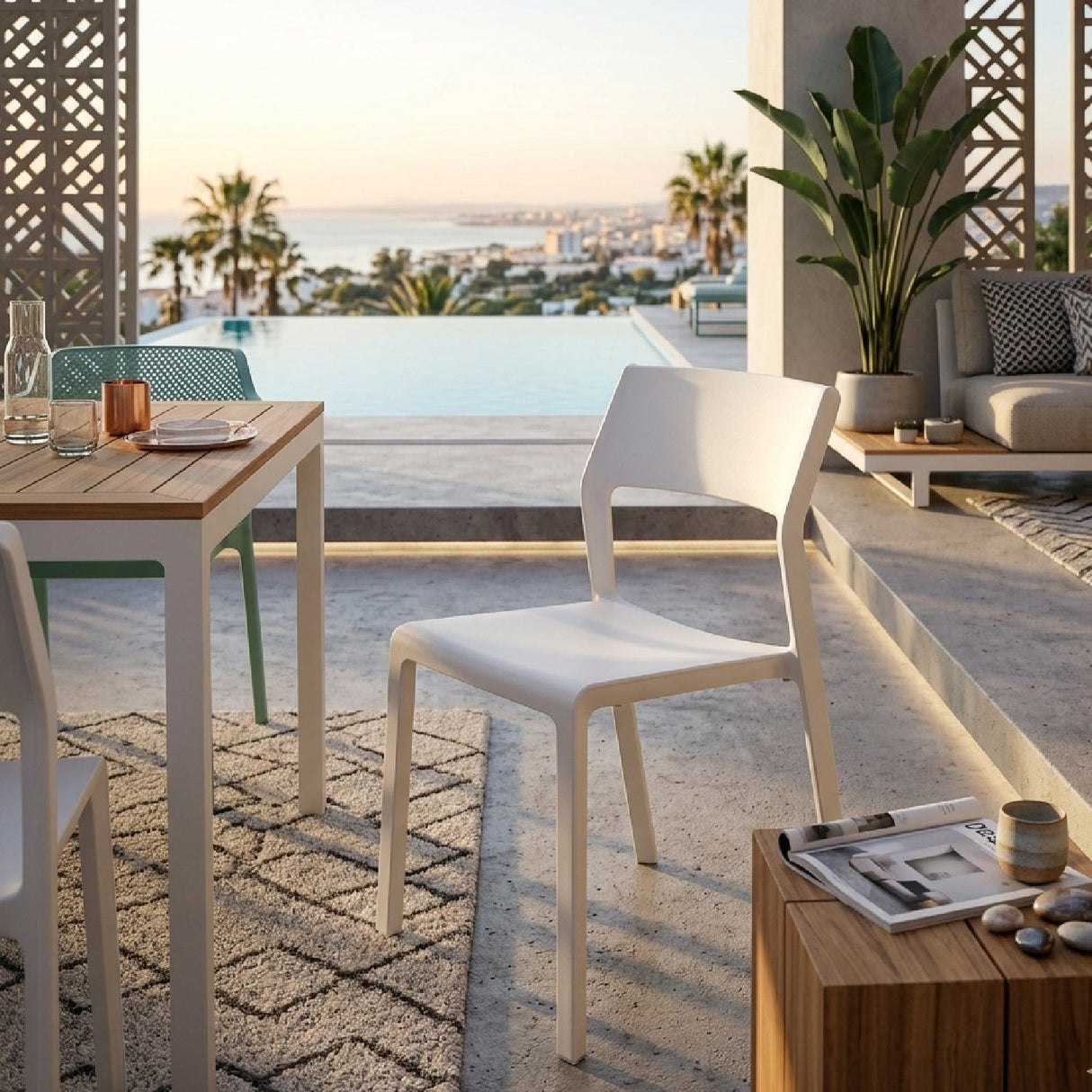 Open-back Outdoor Dining Chair – Trill – outdoor angled view