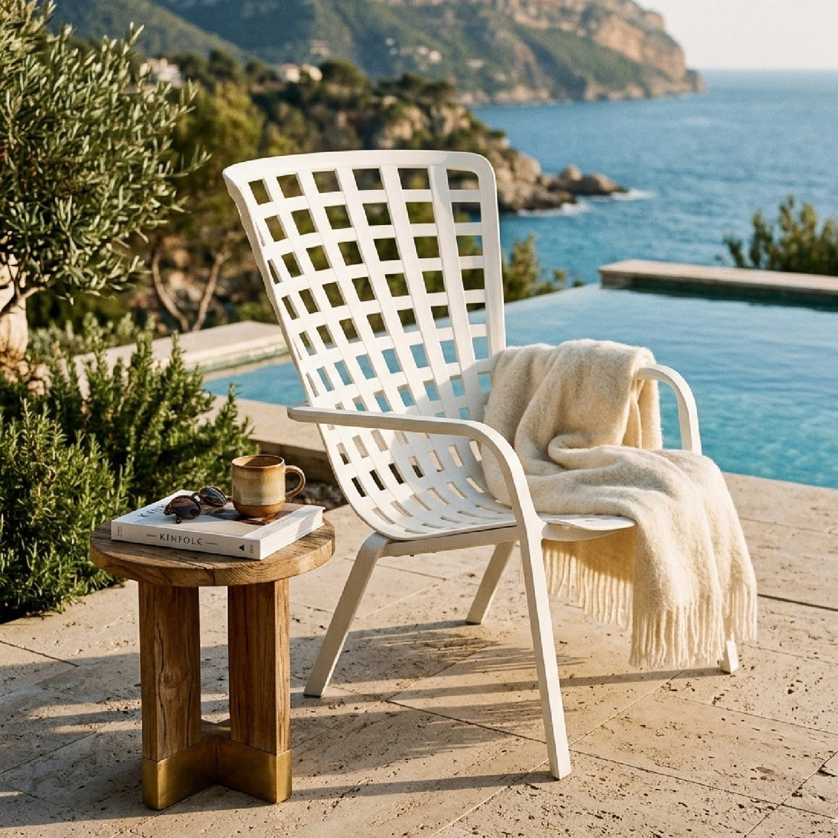 Square Perforated Reclining Outdoor Armchair – Folio – outdoor angled view