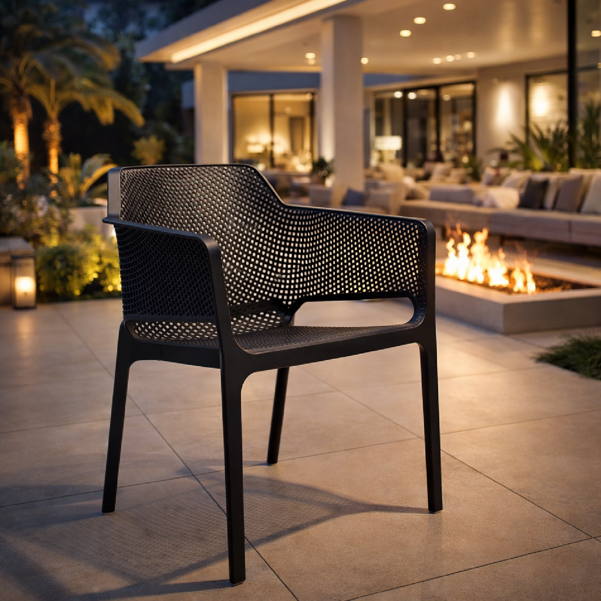 Square Perforated Outdoor Dining Armchair – Net – outdoor rear view