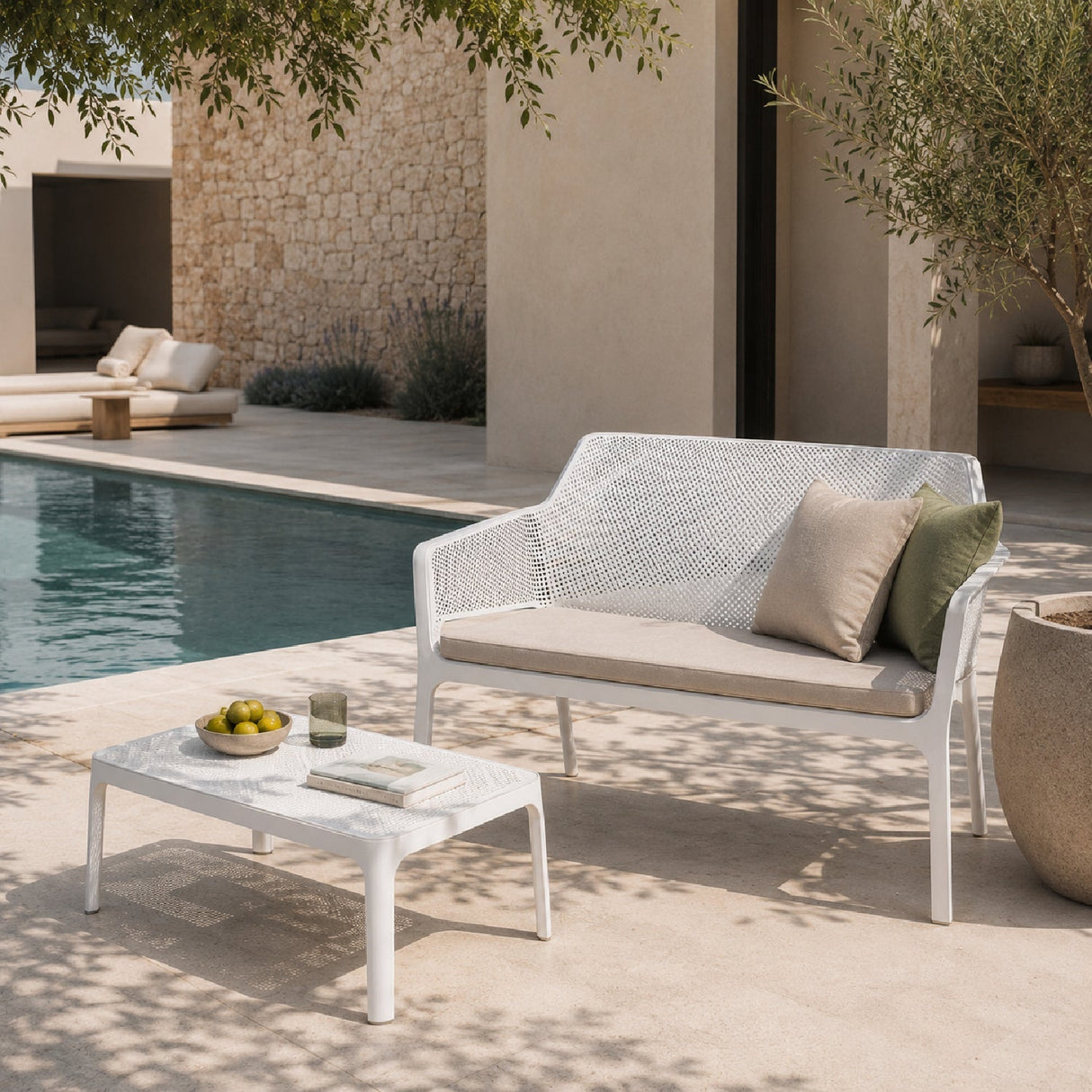 Outdoor Perforated 2-Seater Bench – Net – outdoor angled view