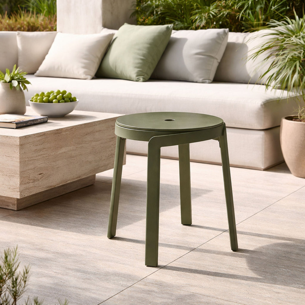 Regenerated Fiberglass Round Outdoor Stool – Stack Mini – outdoor angled view