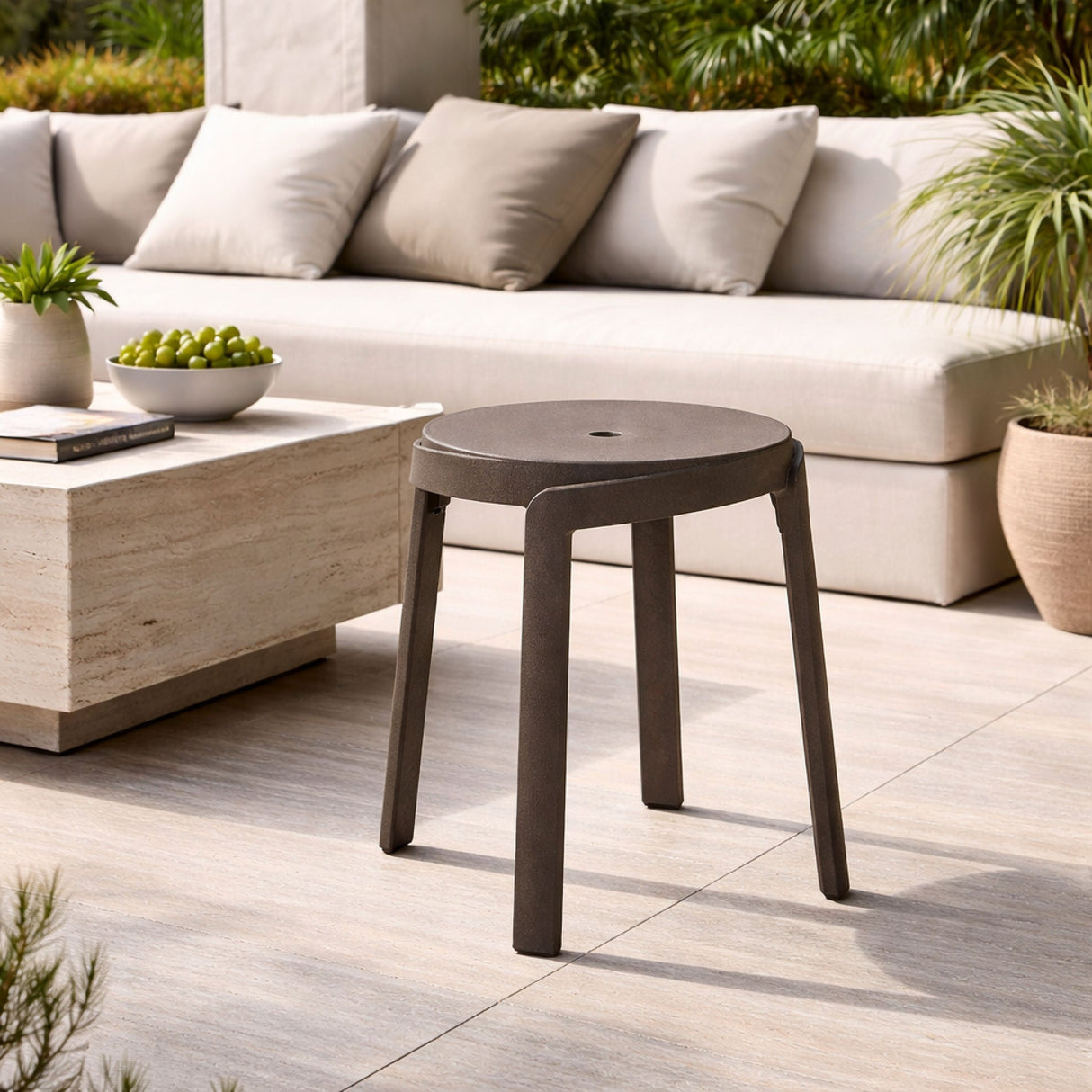 Regenerated Fiberglass Round Outdoor Stool – Stack Mini – outdoor rear view