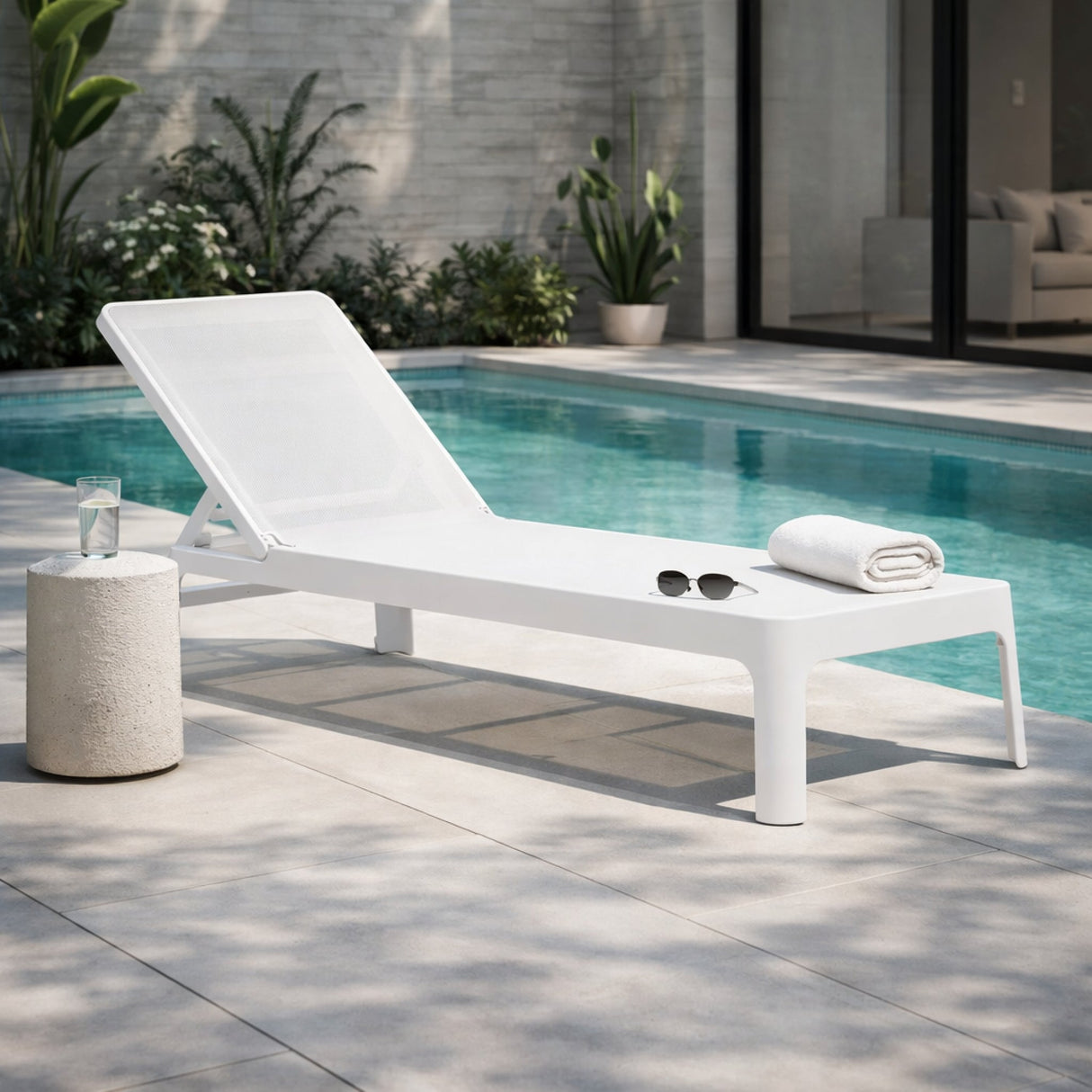Stackable Fiberglass Outdoor Chaise Lounge – Plano – outdoor angled view