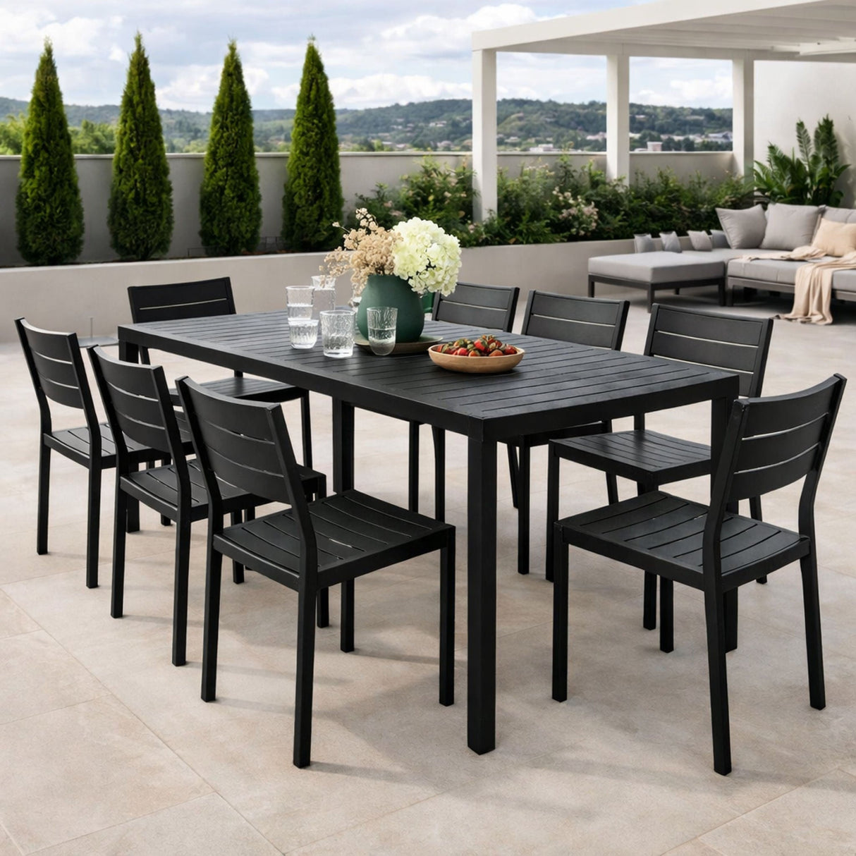 Rectangular Slatted Outdoor Dining Table – Cube – outdoor rear view