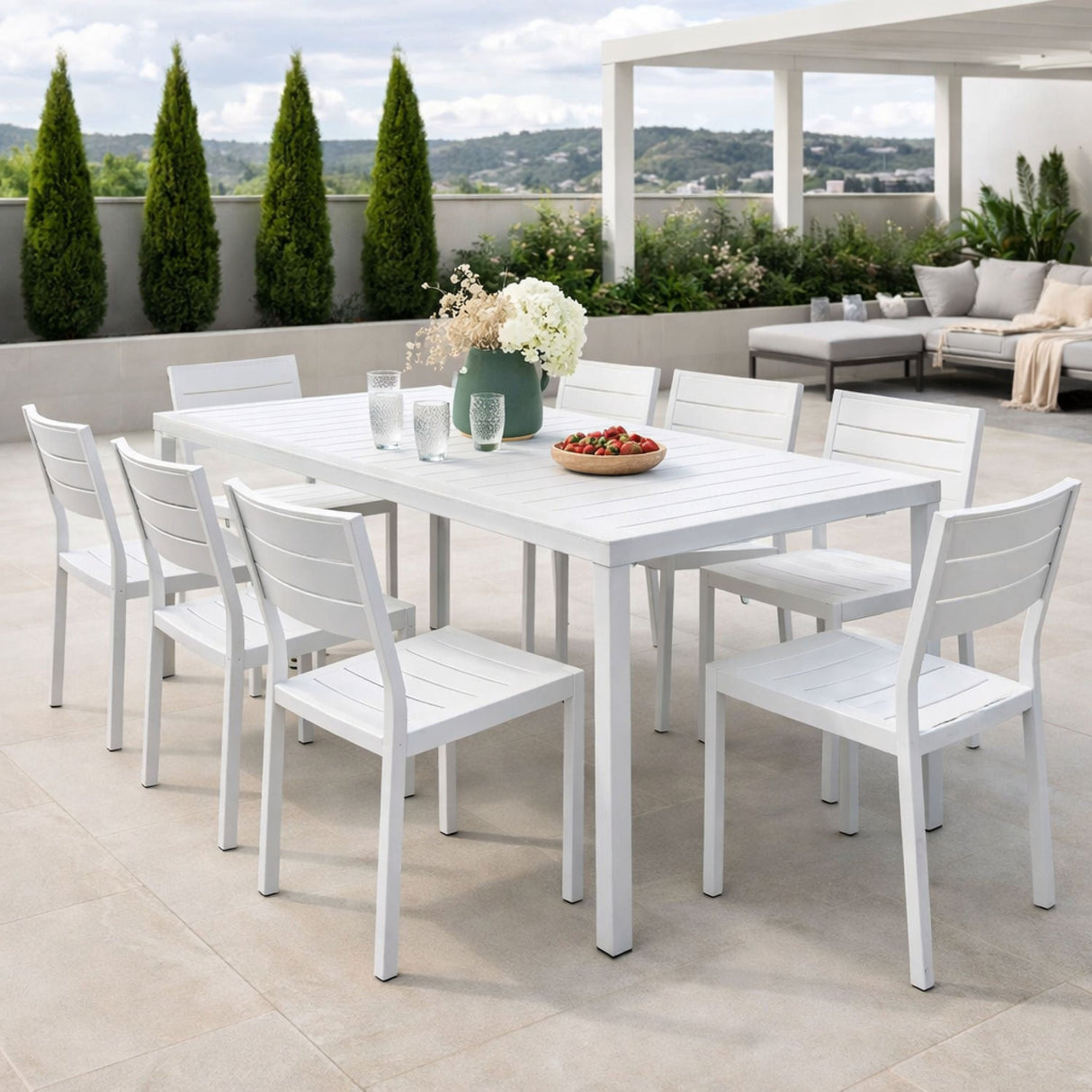 Rectangular Slatted Outdoor Dining Table – Cube – outdoor angled view