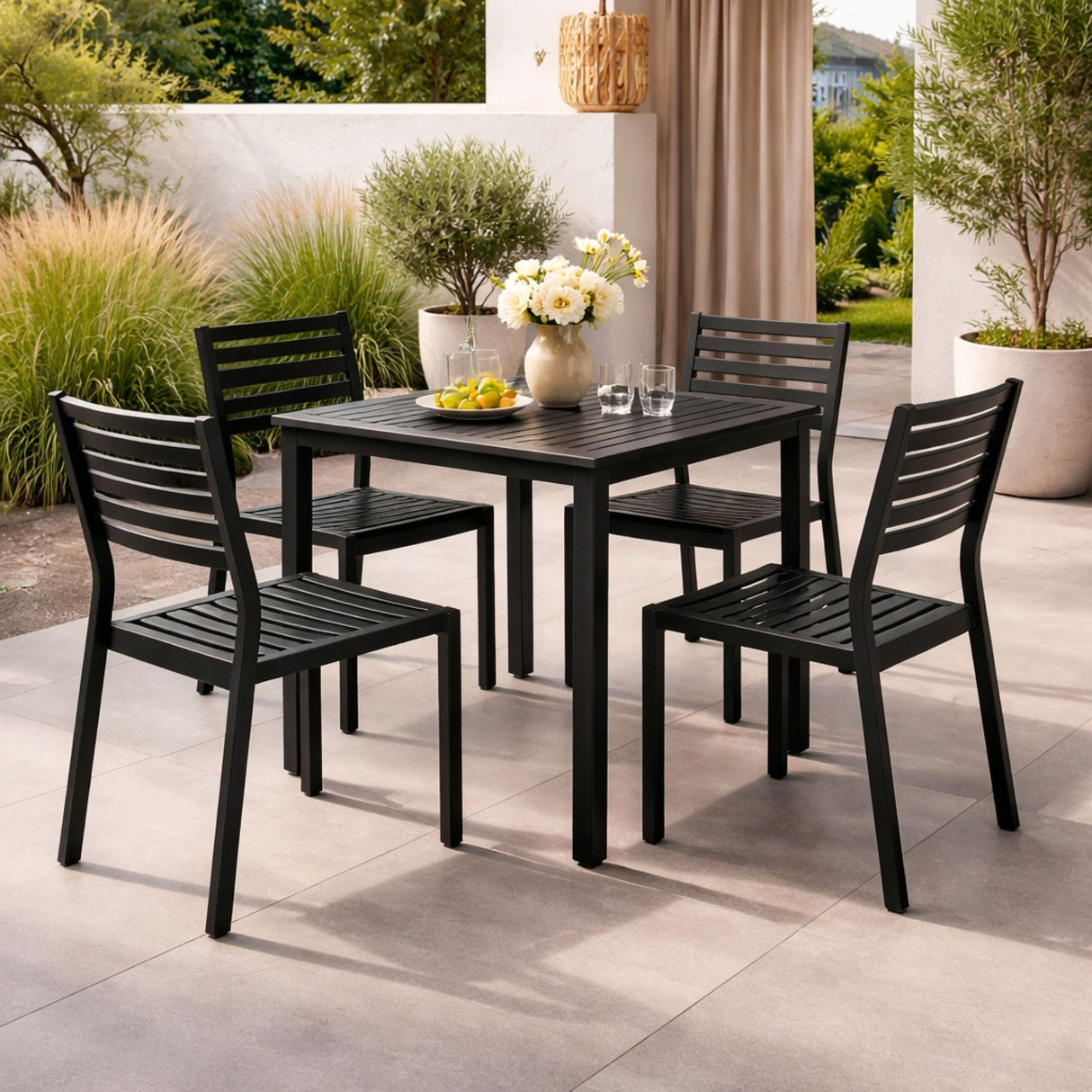 Square Slatted Outdoor Dining Table – Cube – outdoor rear view