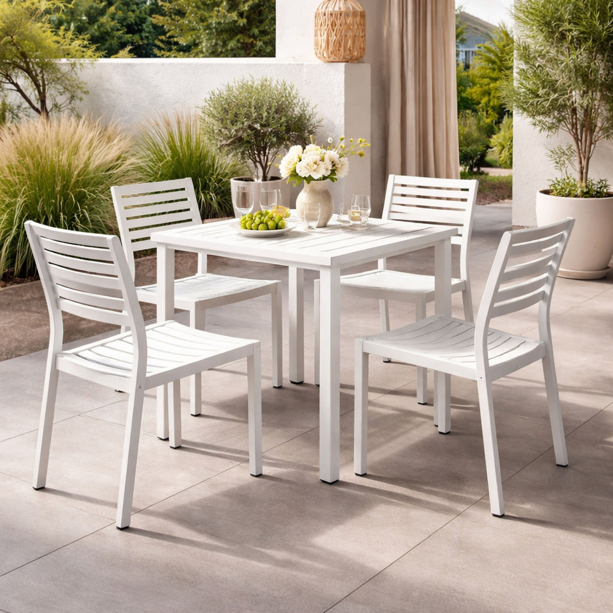Square Slatted Outdoor Dining Table – Cube – outdoor angled view