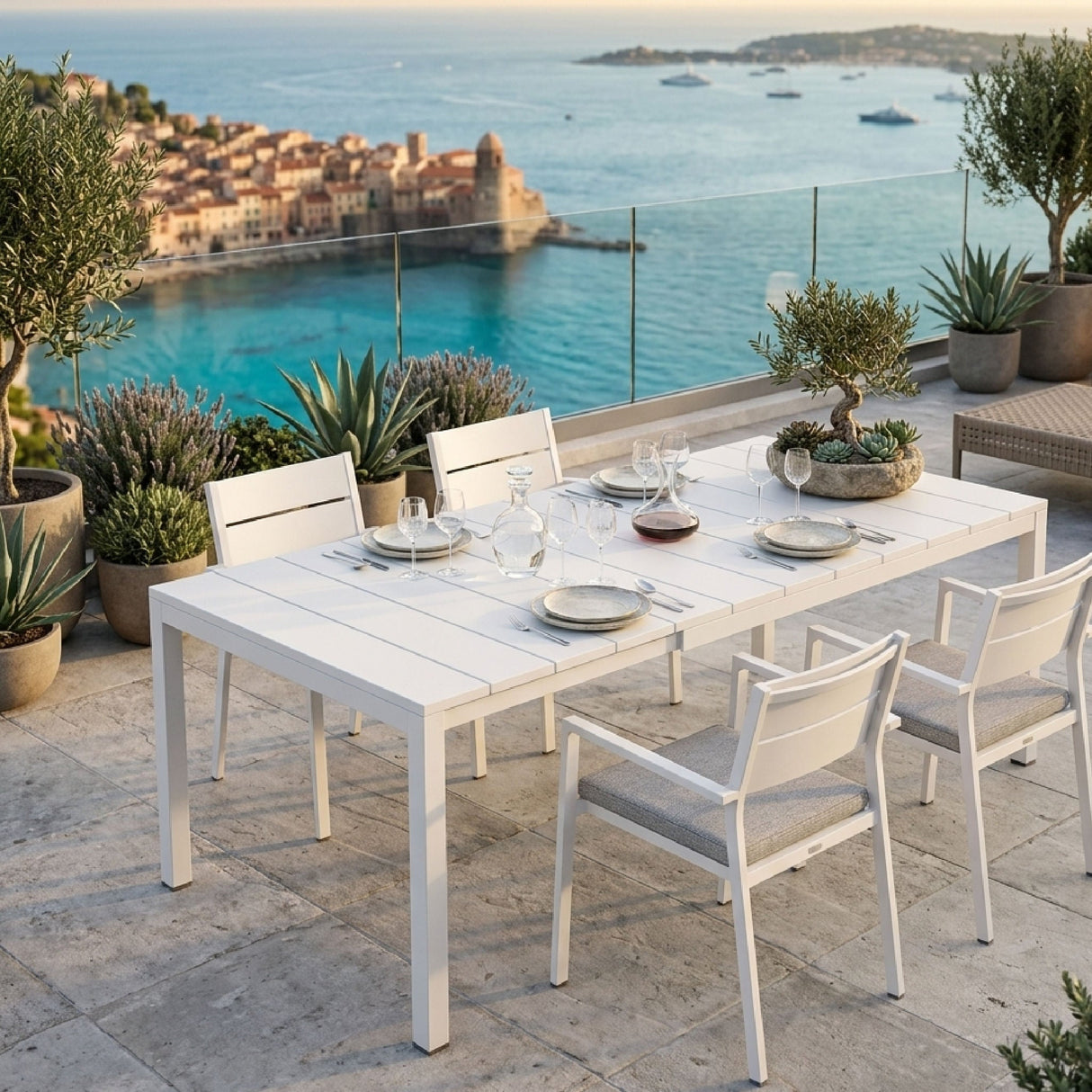 Aluminum Framed Extendible Outdoor Dining Table – Rio – outdoor angled view