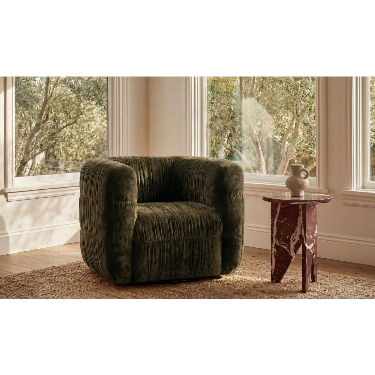 Modern or European furniture - Ruched Chenille Swivel Chair - www.oroa.com