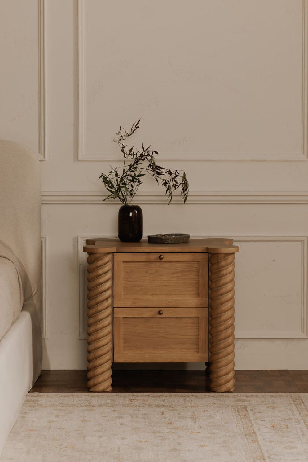 Modern European furniture - Oak Turned-Leg 2-Drawer Nightstand - www.oroa.com