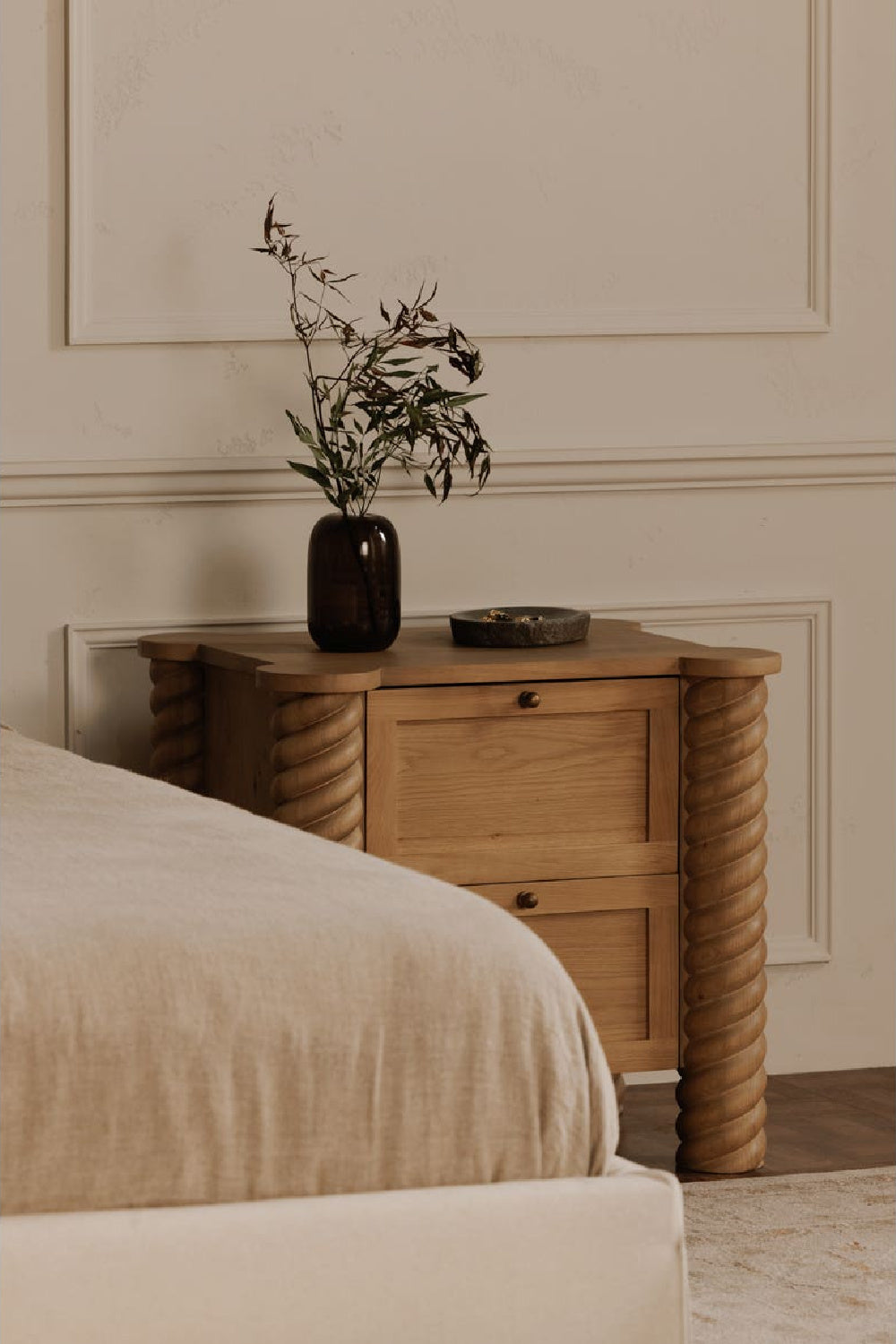 Modern European furniture - Oak Turned-Leg 2-Drawer Nightstand - www.oroa.com