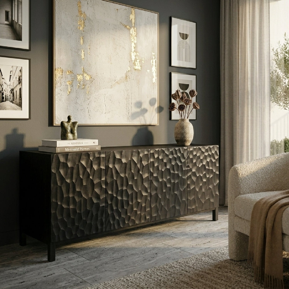 Modern European furniture - Black Oak Chiseled 4-Door Sideboard - www.oroa.com