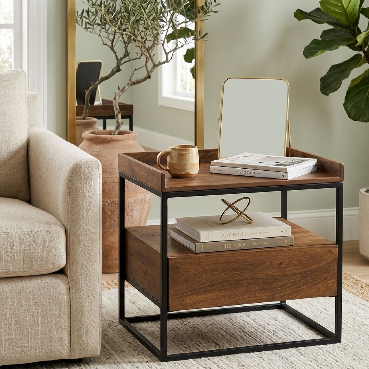 Modern European furniture - Brown Acacia 1-Drawer Side Table - www.oroa.com