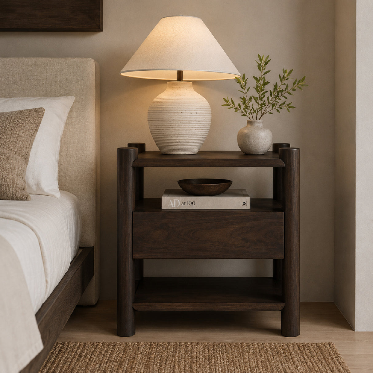 Modern European furniture - Brown Acacia Wood Nightstand - www.oroa.com