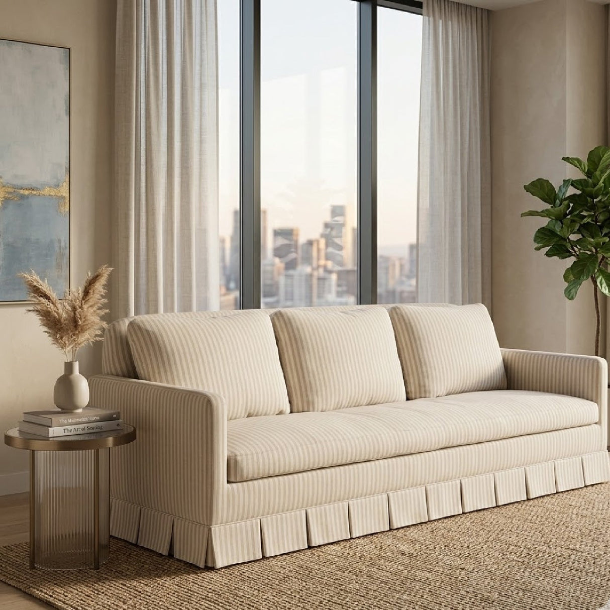 Beige Pleated Skirt Fabric Sofa – Pellicano – angled view