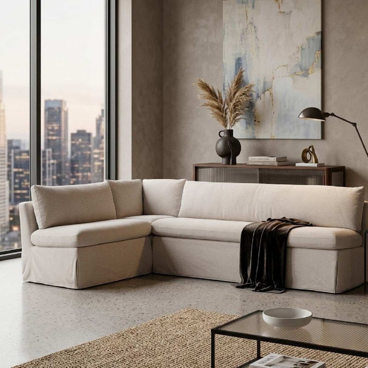 Beige L-Shaped Dining Banquette Slipcover S – Fable – angled view