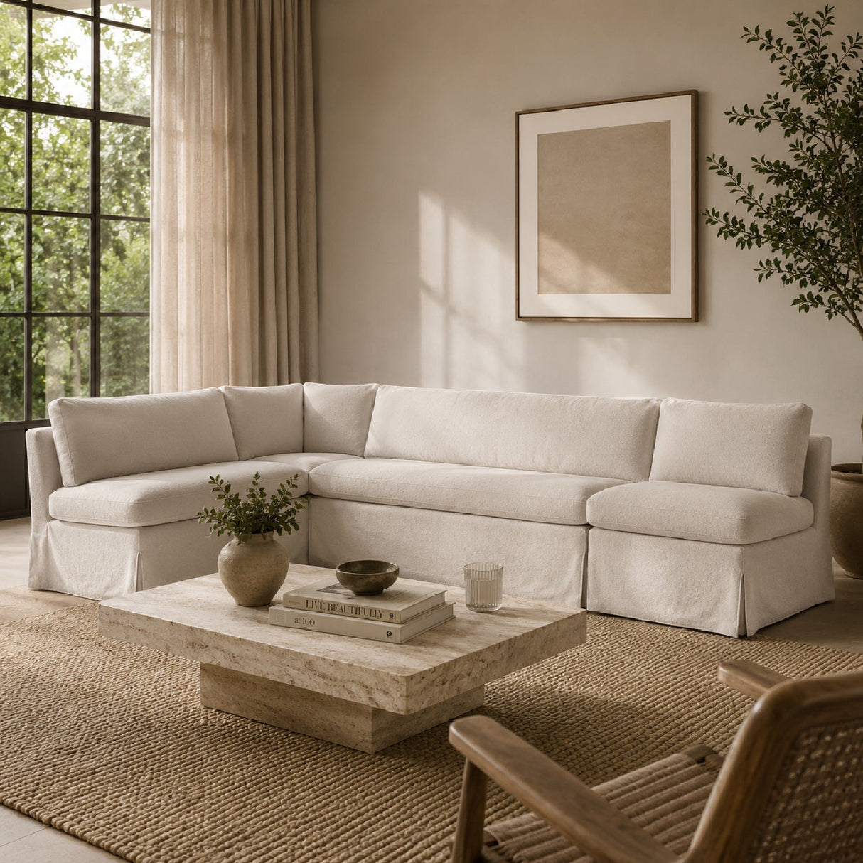 Beige L-Shaped Dining Banquette Slipcover M – Fable – angled view