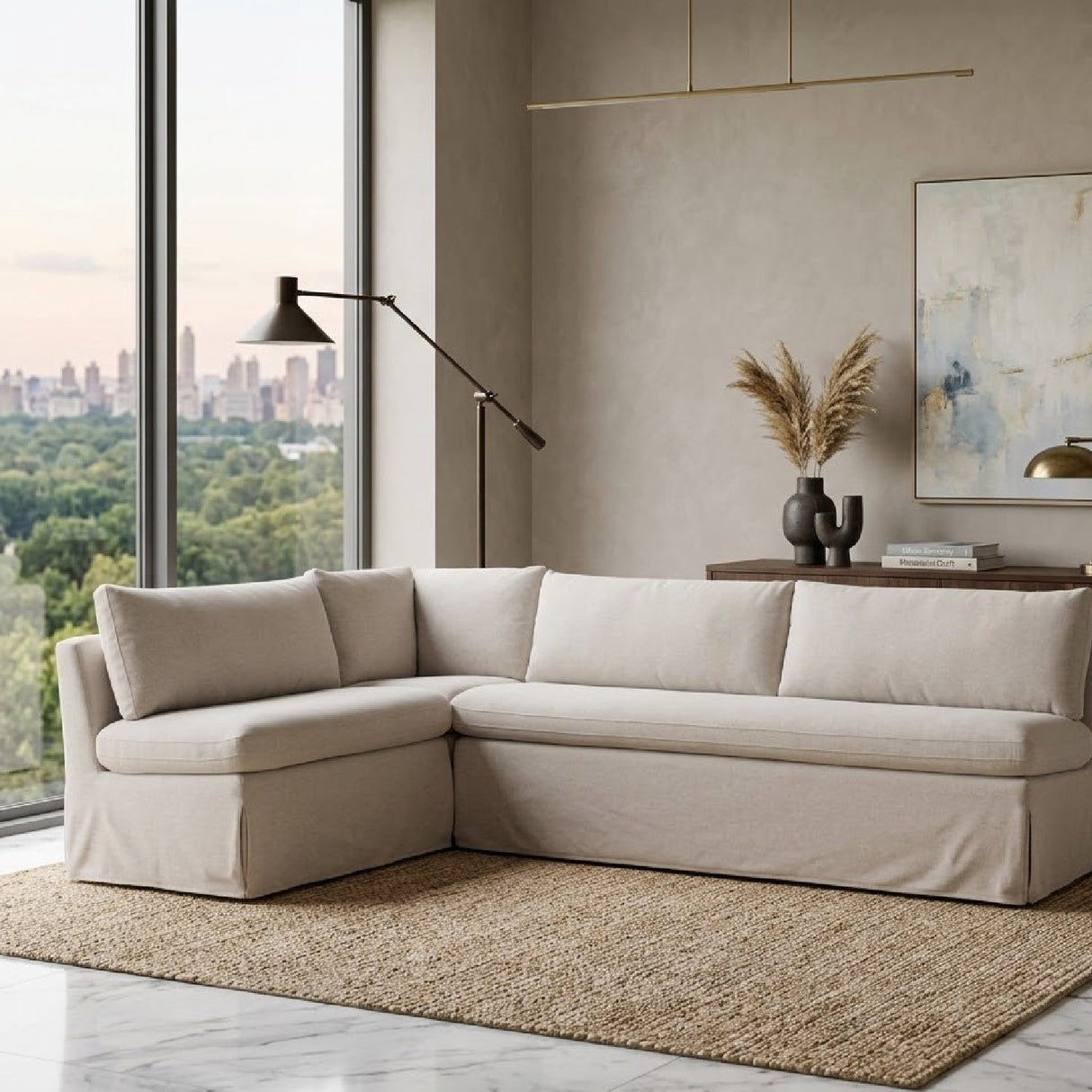 Beige L-Shaped Dining Banquette Slipcover L – Fable – angled view