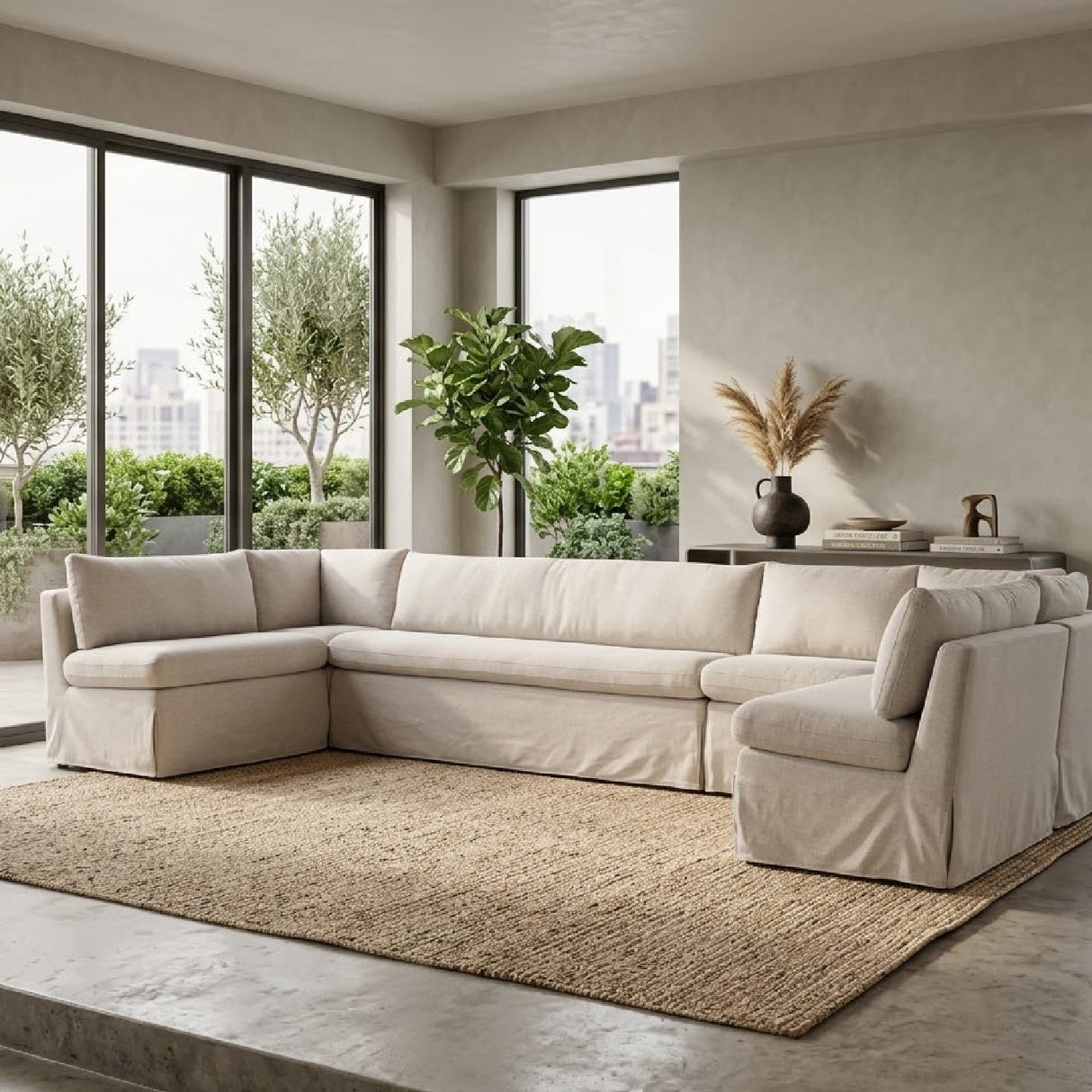 Beige U-Shaped Dining Banquette Slipcover M – Fable – angled view
