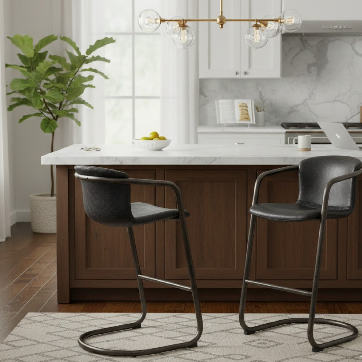 Modern European furniture - Leather Cantilevered Bar Stool Set (2) - www.oroa.com