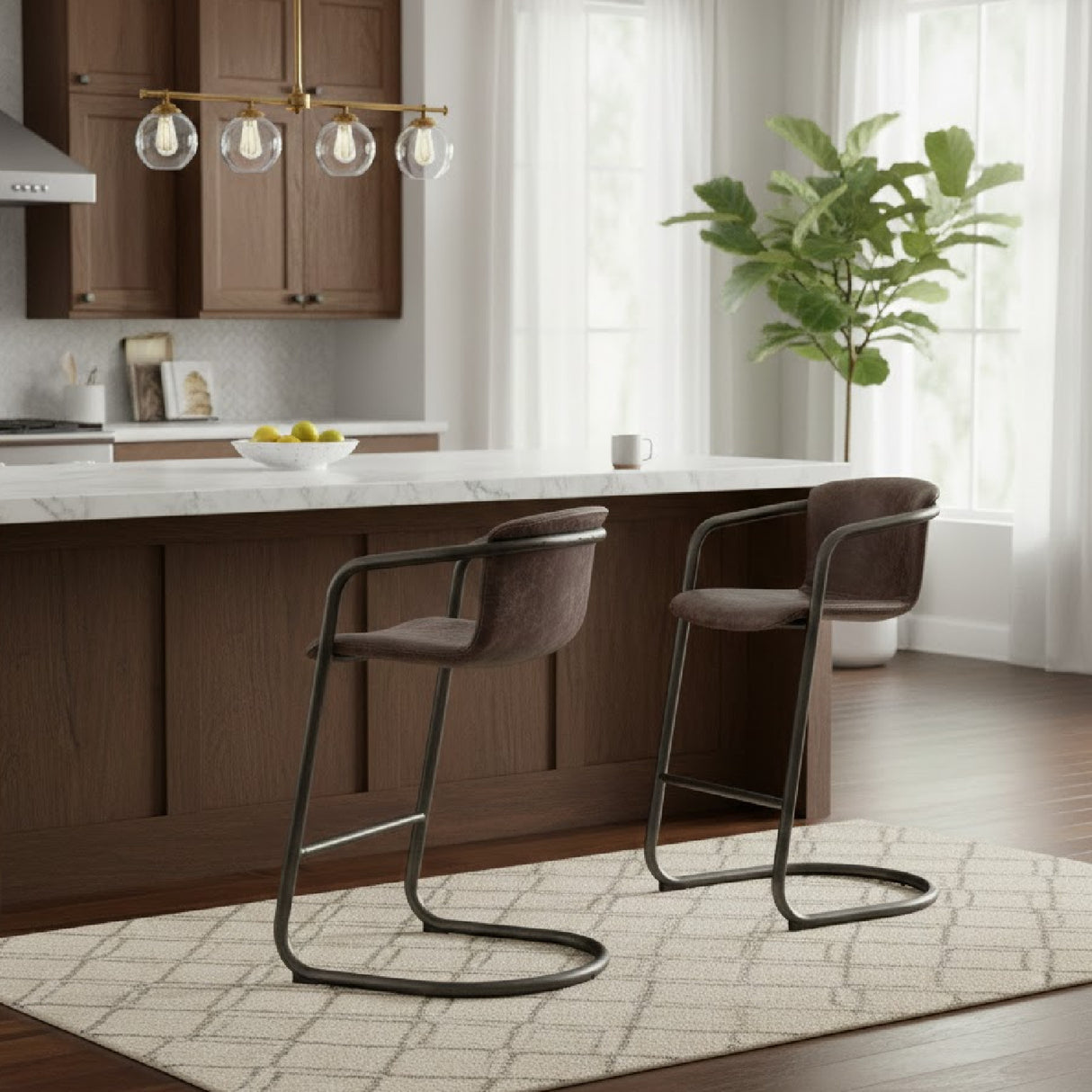 Modern European furniture - Leather Cantilevered Bar Stool Set (2) - www.oroa.com