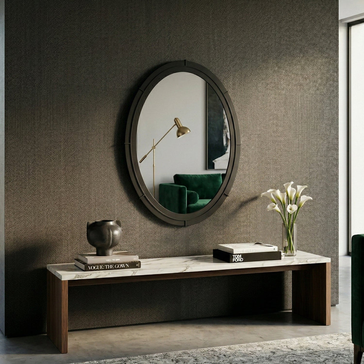 Modern European furniture - Aged Black Oval Mirror - www.oroa.com