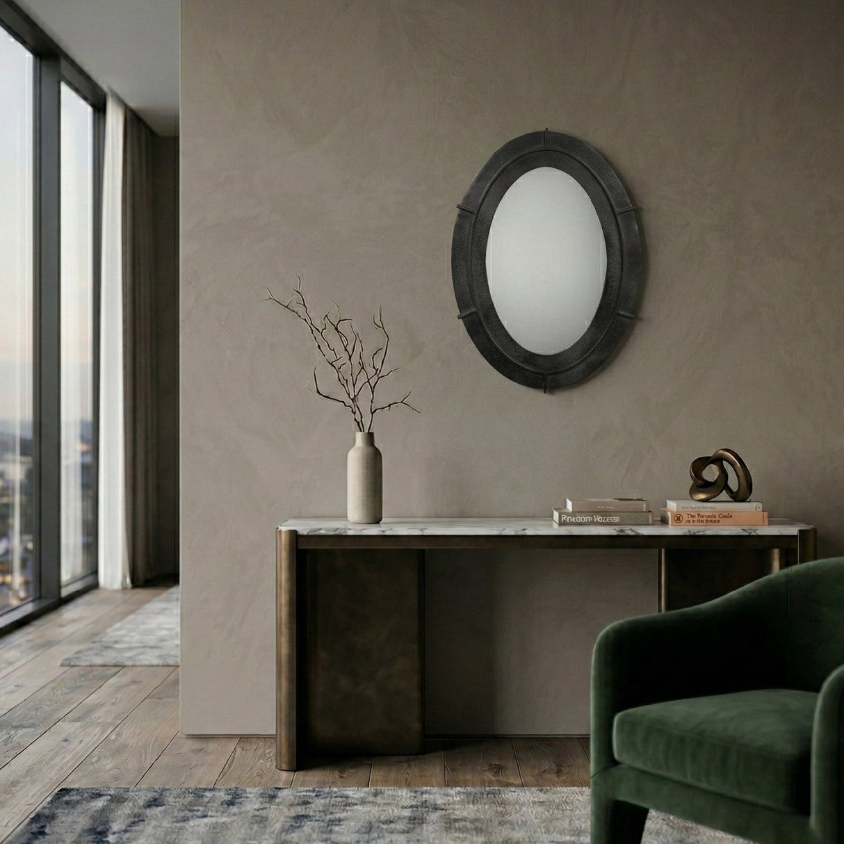 Modern European furniture - Aged Black Oval Mirror - www.oroa.com