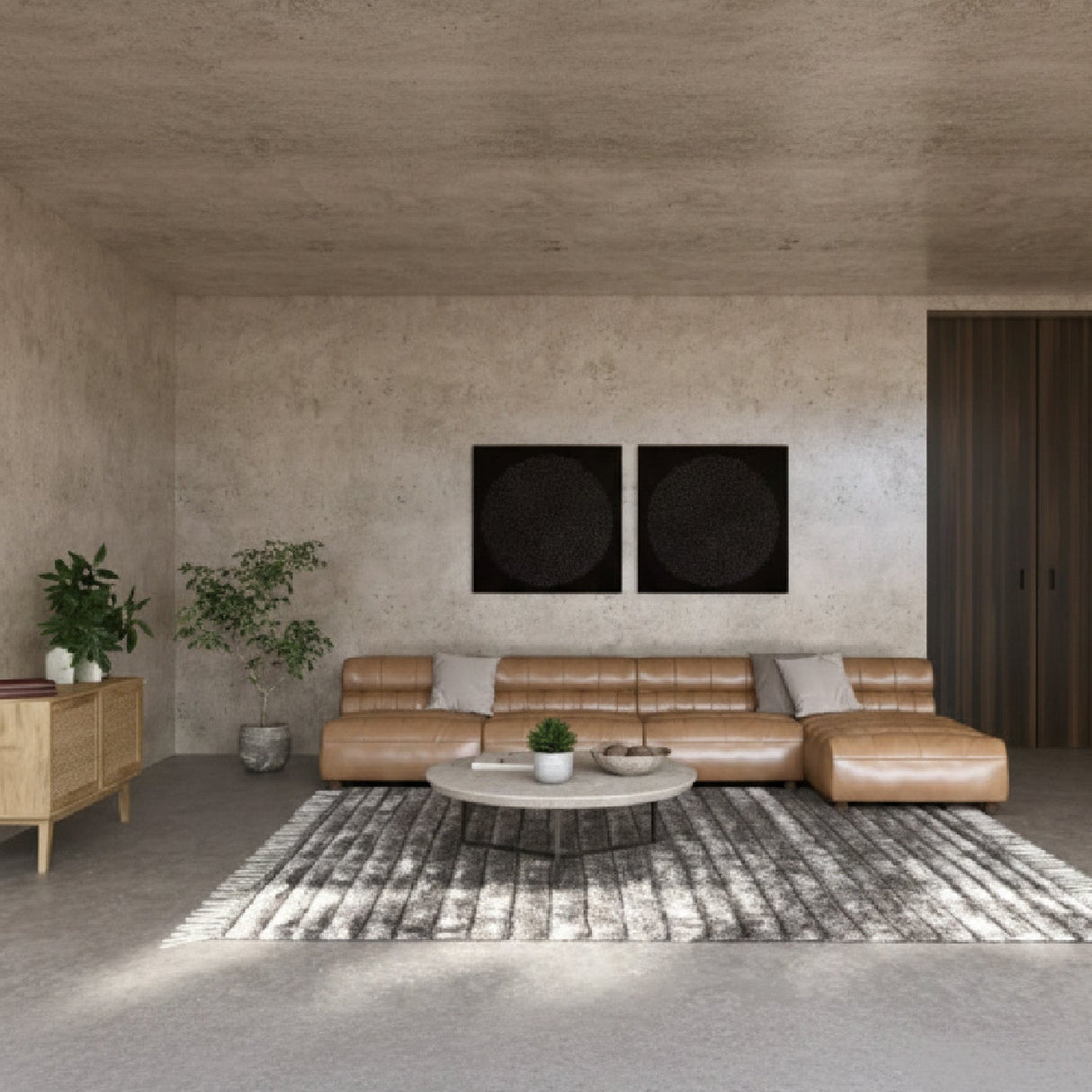 Ribbed Tan Leather Sectional Sofa – Ramsay – angled view