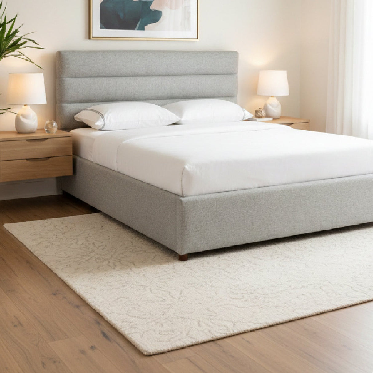 Gray Channeled Queen Bed – Takio – angled view