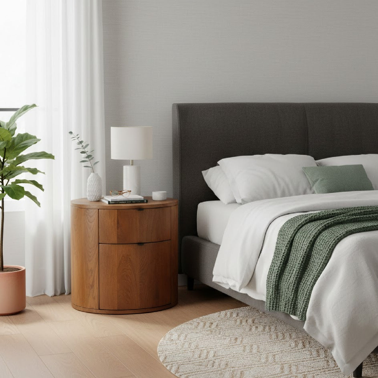 Modern European furniture - Brown Oak Round 2-Drawer Nightstand - www.oroa.com