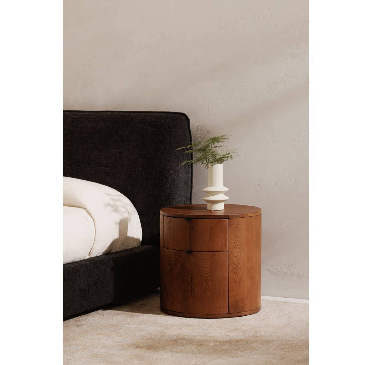 Modern European furniture - Brown Oak Round 2-Drawer Nightstand - www.oroa.com