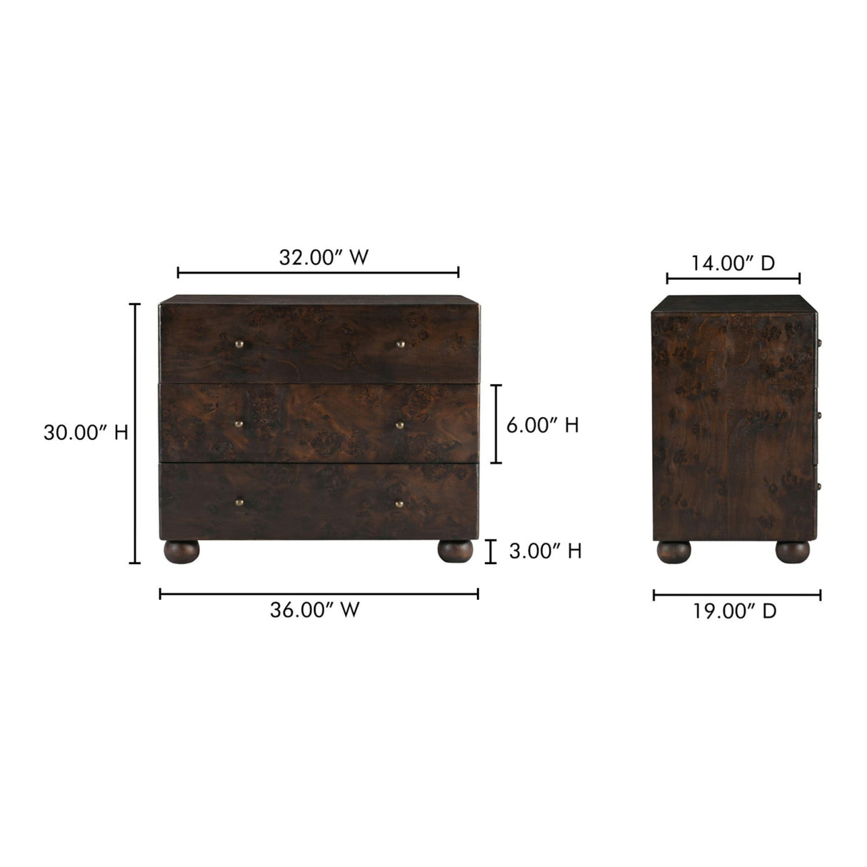 Modern or European furniture - Brown Burl 3-Drawer Nightstand - www.oroa.com