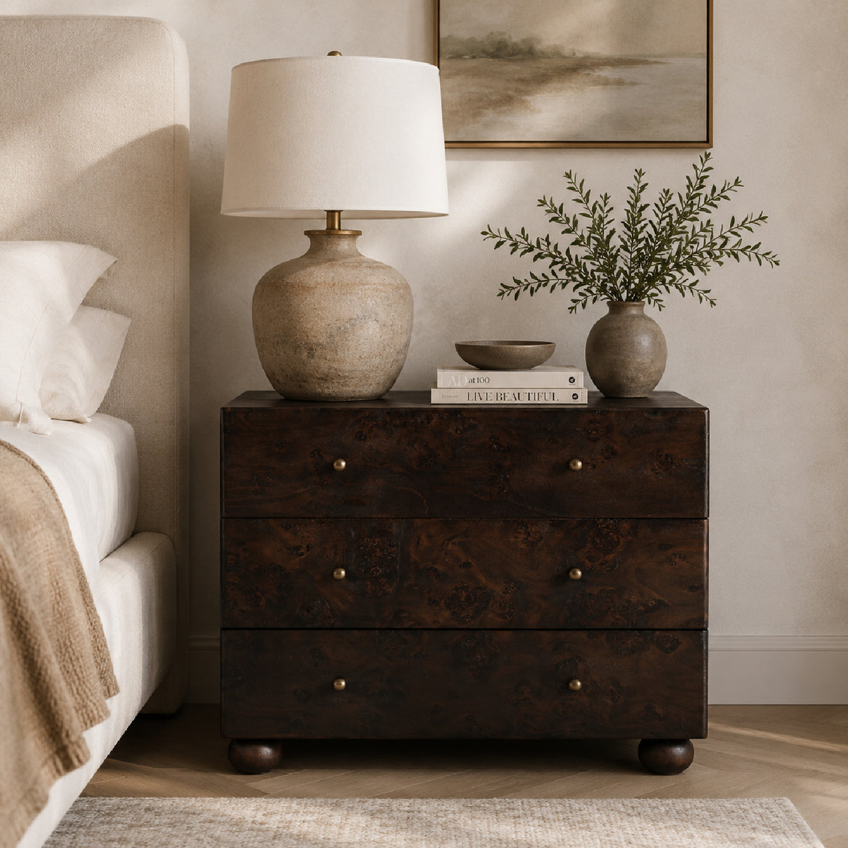 Modern or European furniture - Brown Burl 3-Drawer Nightstand - www.oroa.com