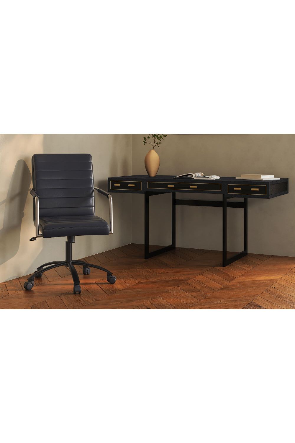 Modern European furniture - Black Vegan Leather 3-Drawer Desk - www.oroa.com