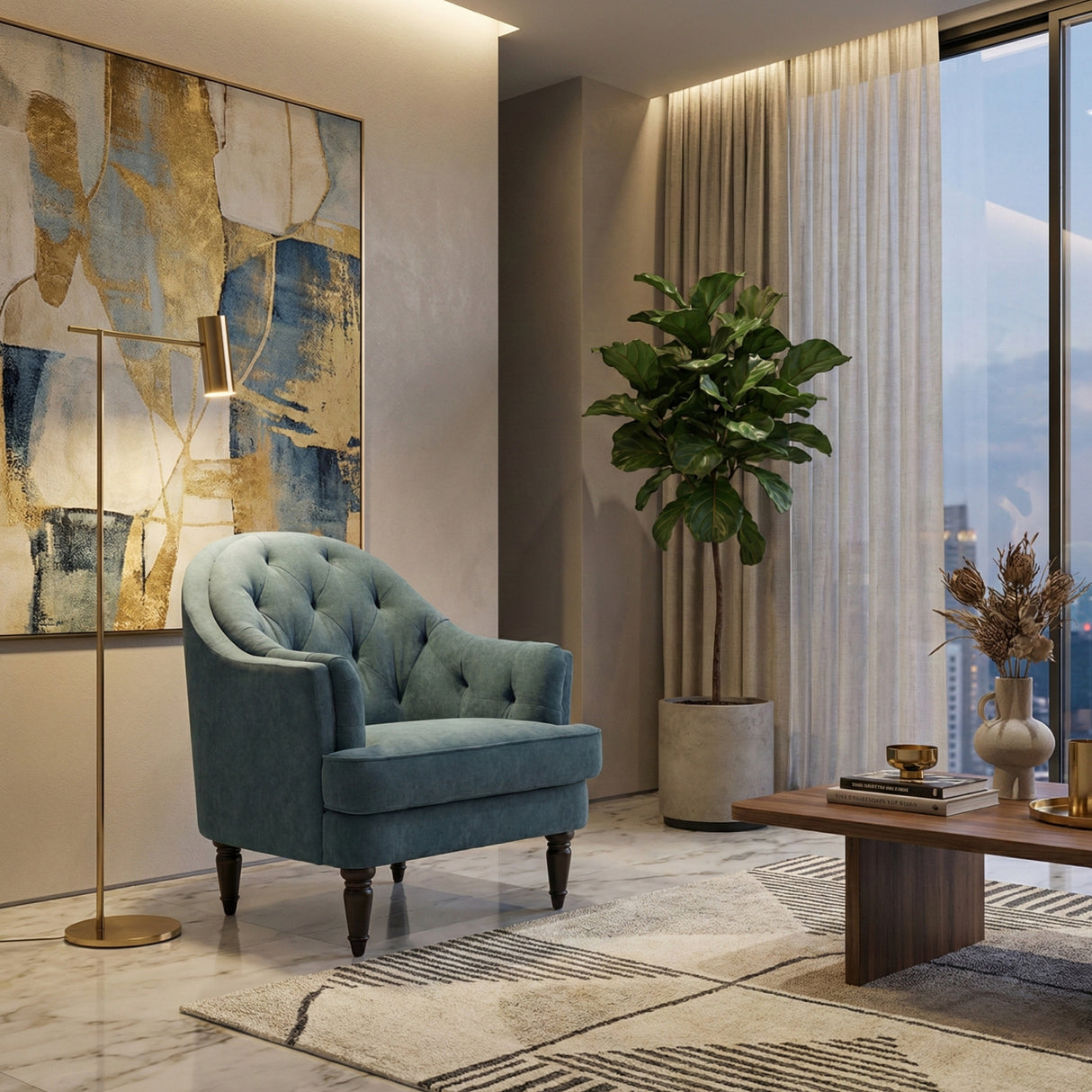 Modern European furniture -Tufted-Back Curved Accent Chair - www.oroa.com