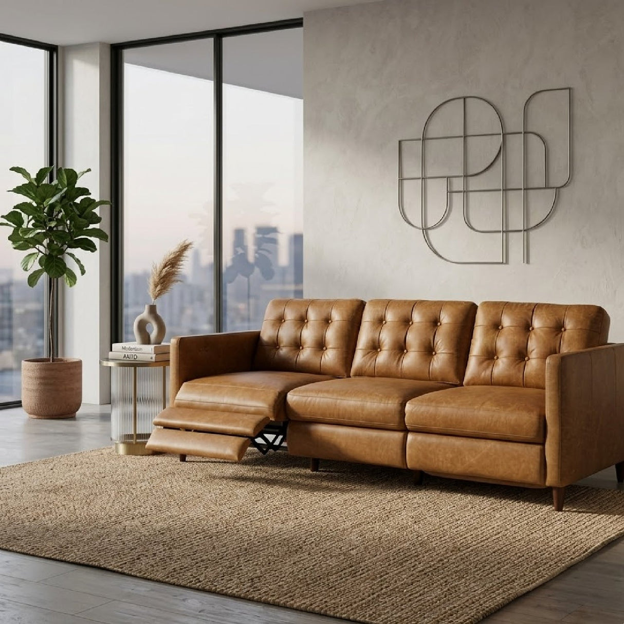 Mid-Century Leather Recliner Sofa – Bridgers Power – angled view