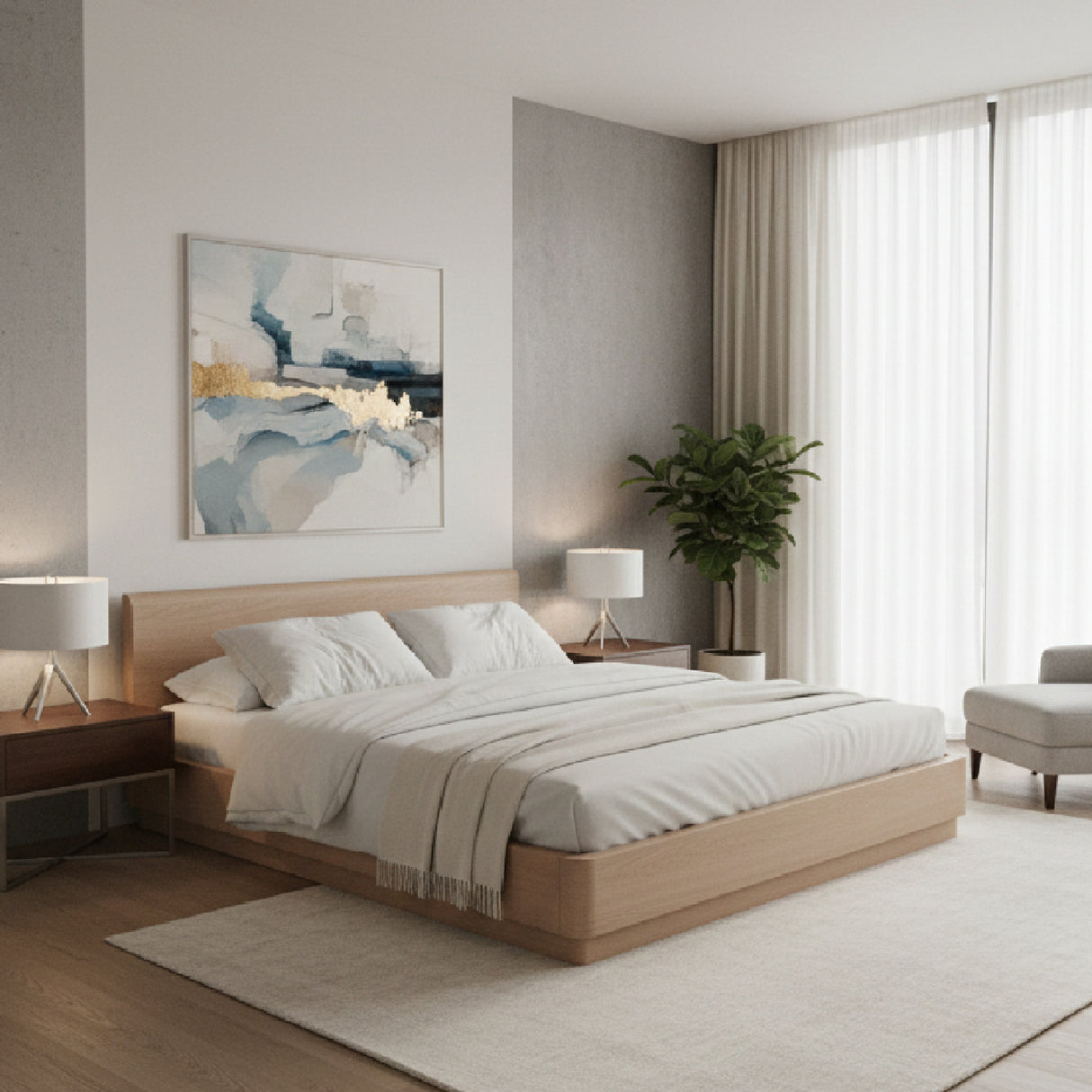 Light Oak Scandinavian Bed – Round Off – angled view