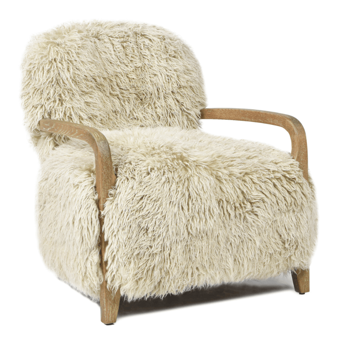 New Zealand Sheepskin Accent Chair with Oak Arms – OROA – front view