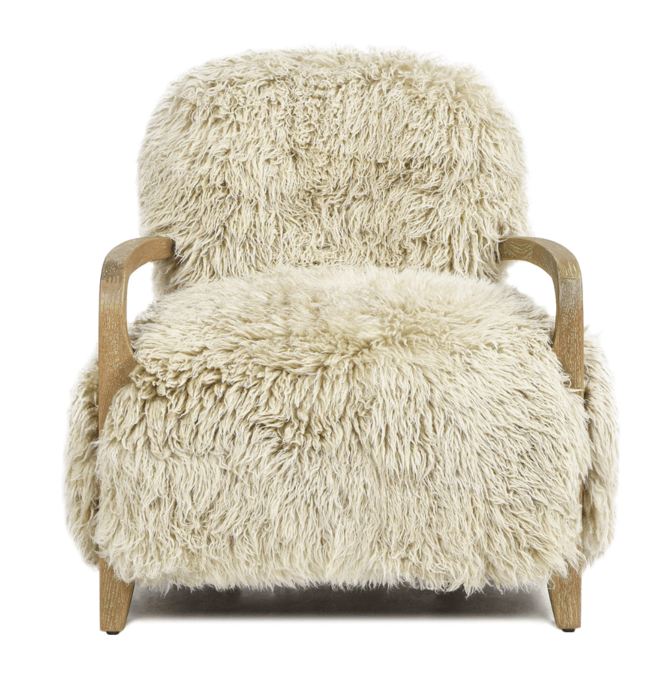 New Zealand Sheepskin Accent Chair with Oak Arms – OROA – side view
