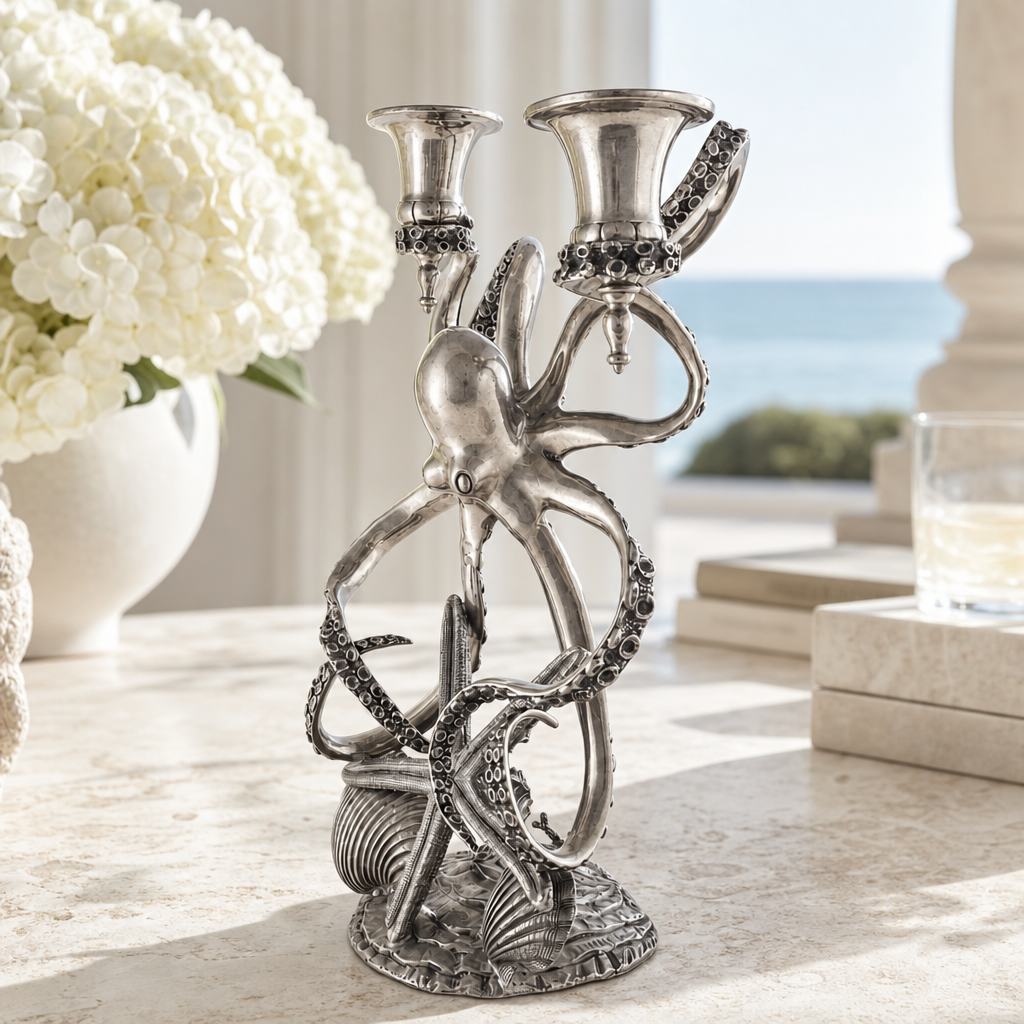 Two Taper Pewter Octopus Candelabrum - OROA