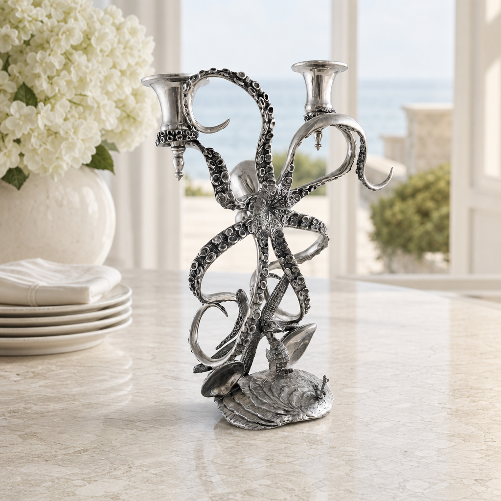Two Taper Pewter Octopus Candelabrum - OROA