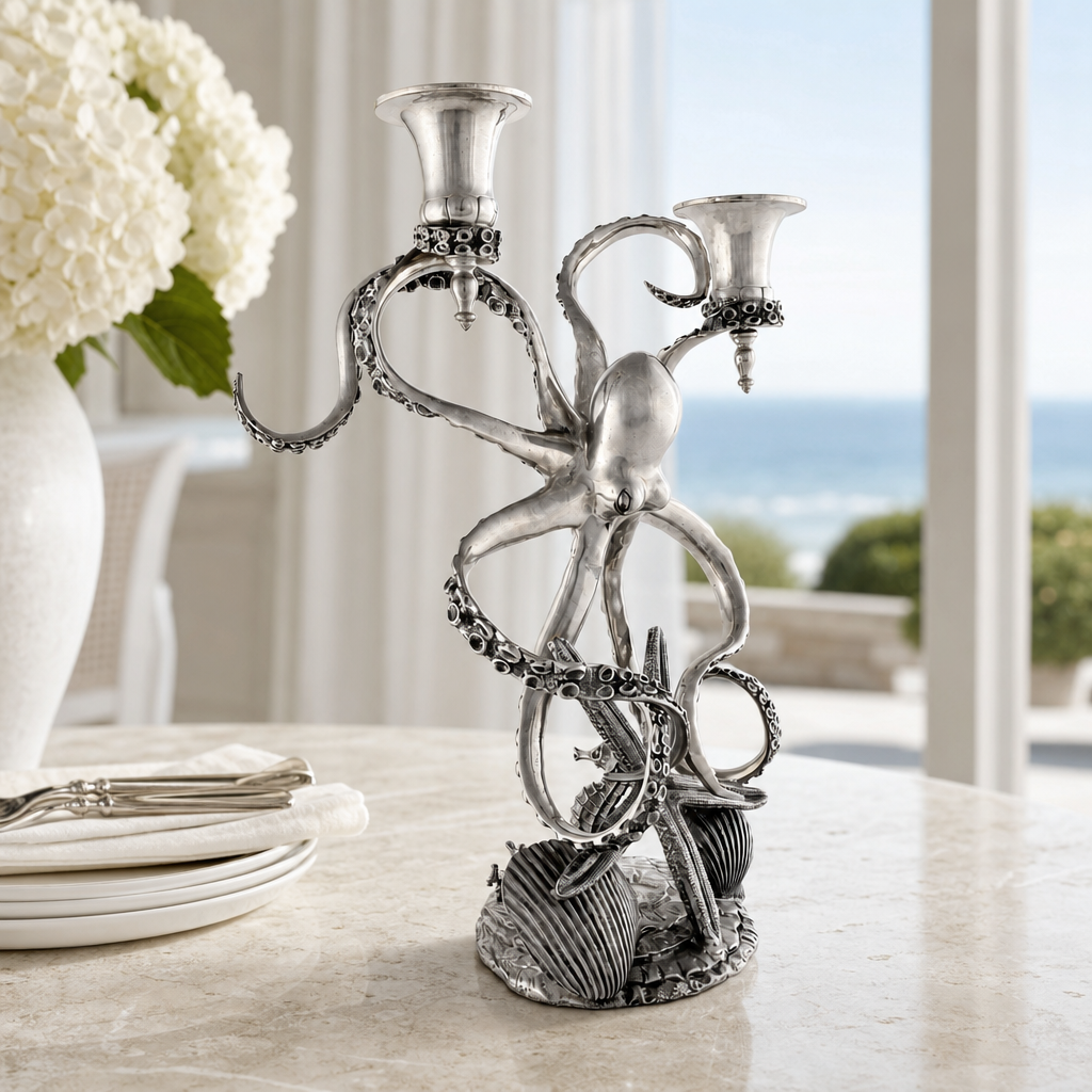Two Taper Pewter Octopus Candelabrum - OROA