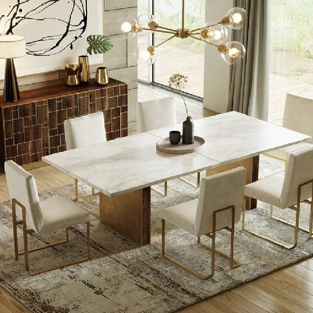 White Marble Rectangular Dining Table – Auer – angled view