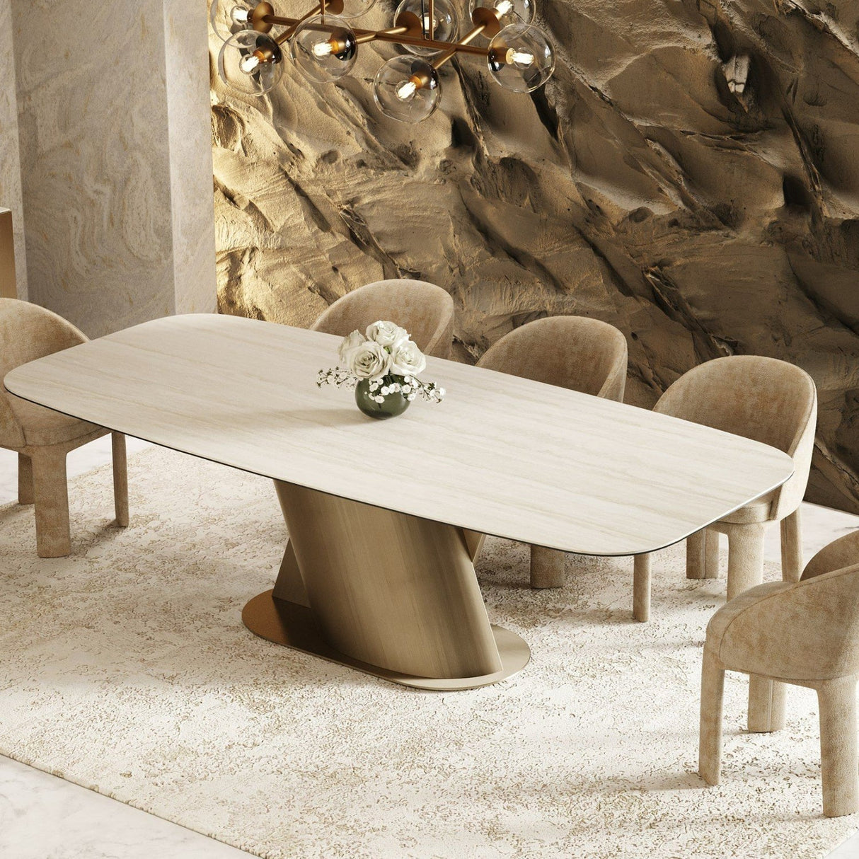 Travertine-Look Finish Dining Table – Kiefer – angled view