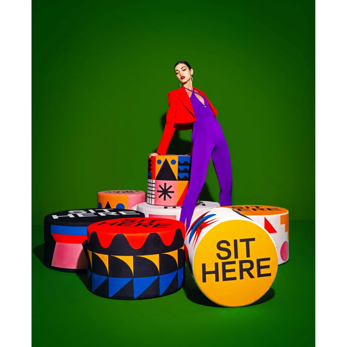 Multicolored Print Pouf | Qeeboo Oggian Sit Here | OROA.com