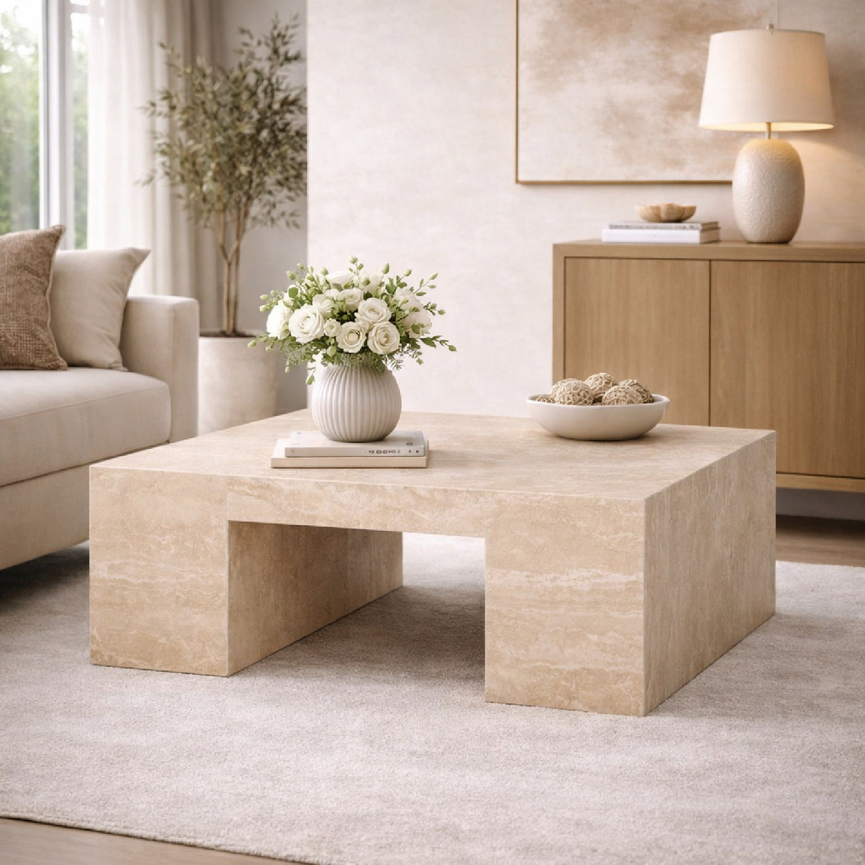 Beige Travertine Square Coffee Table | Oroa.com