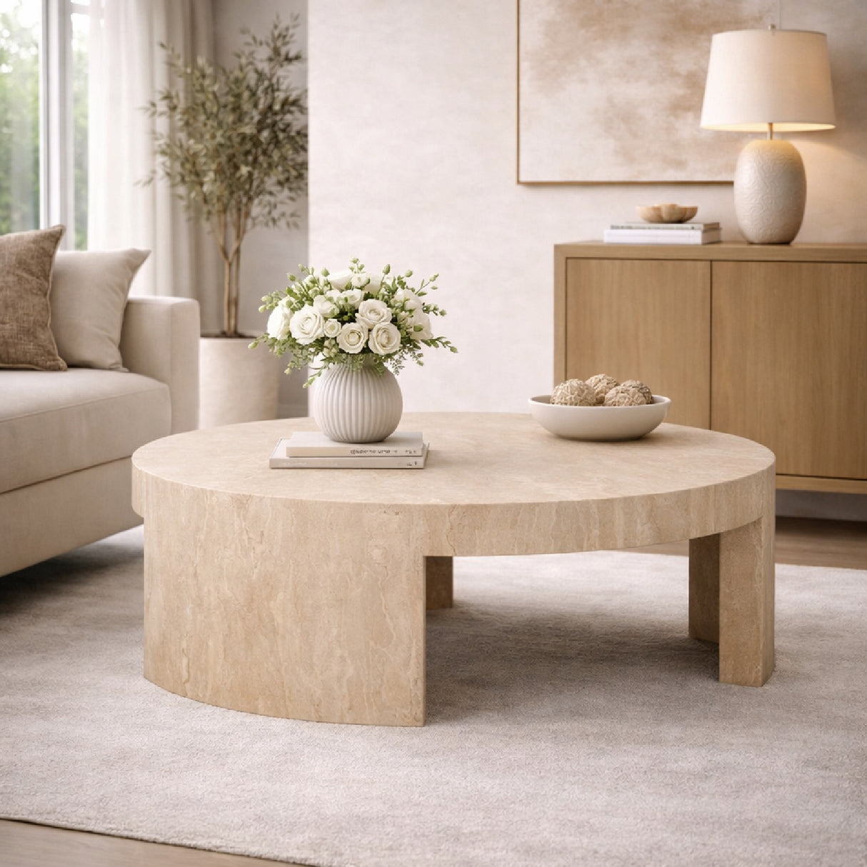 Beige Travertine Round Coffee Table | Oroa.com