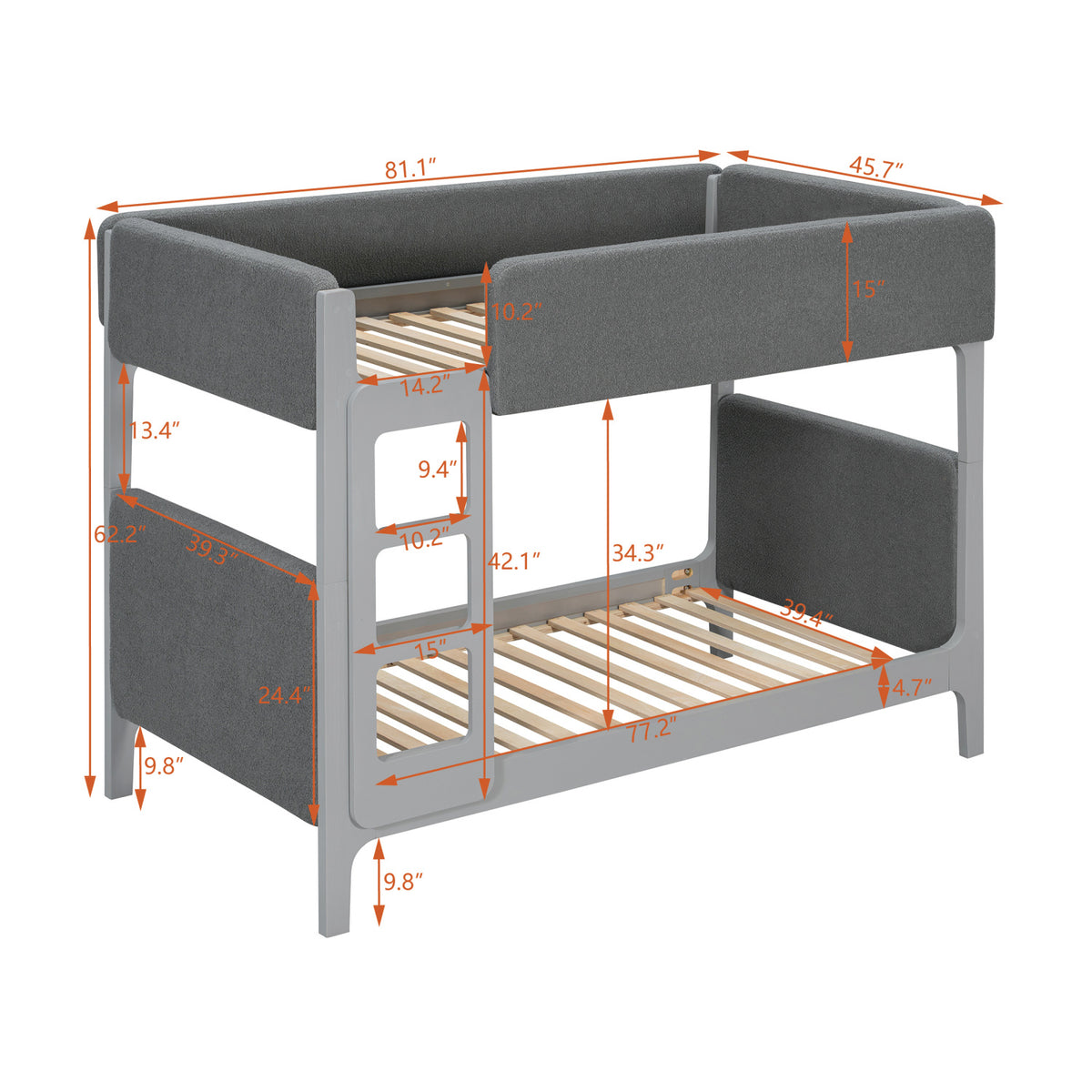 Gray Twin Over Twin Upholstered Sherpa Bunk Bed | OROA Kids