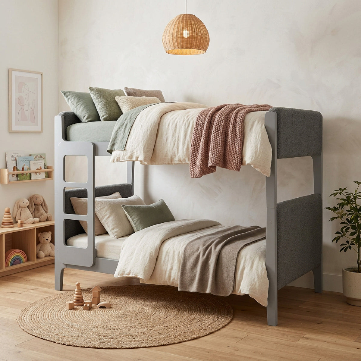 Gray Twin Over Twin Upholstered Sherpa Bunk Bed | OROA Kids